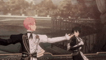 two anime characters are dancing in front of a fence .