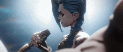 a woman with blue hair is holding a microphone in her hand