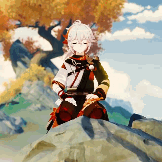 a character from a video game sitting on a rock with his eyes closed
