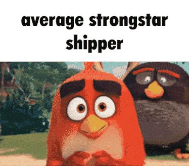 two angry birds are standing next to each other with average strongstar shipper written on the bottom