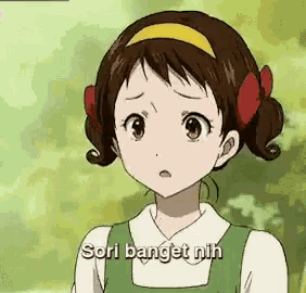 a cartoon girl with brown hair and a yellow headband says " sori banget nih "
