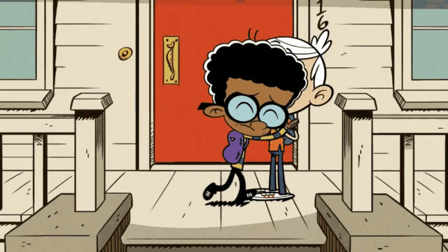 a cartoon of a boy with glasses hugging another boy with a backpack