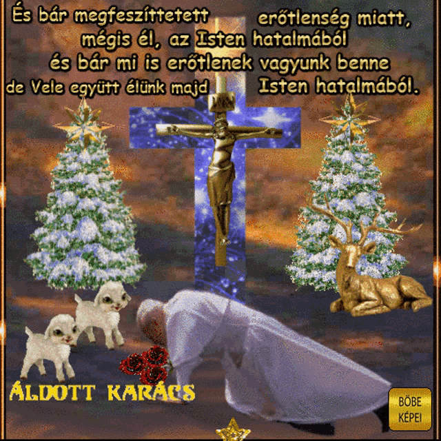 an animated image of a man kneeling in front of a cross with christmas trees in the background