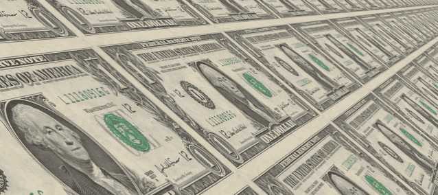 a row of one dollar bills are lined up