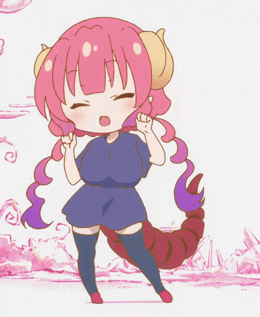 a drawing of a girl with pink hair and a purple tail