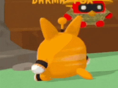 a cartoon rabbit is standing on its hind legs next to a stuffed bird .