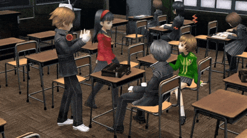 a group of anime characters are standing in a classroom talking