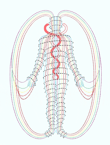 a colorful drawing of a human body with a caduceus