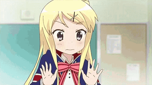 a cartoon girl with blonde hair and a bow tie is waving