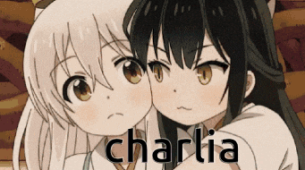 two anime girls are hugging each other and the word charlia is on the bottom of the picture