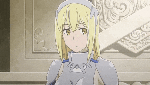 a blonde anime girl is wearing a white armor