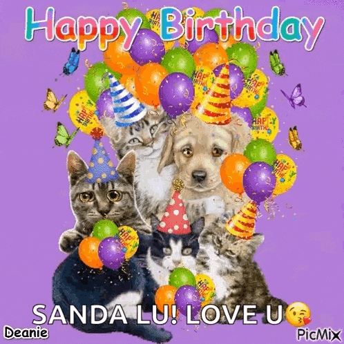 a happy birthday card with cats and a dog wearing party hats and balloons