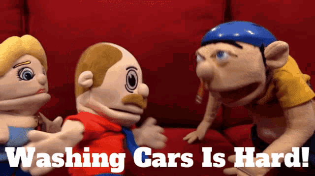 three stuffed animals are sitting on a red couch with the words washing cars is hard