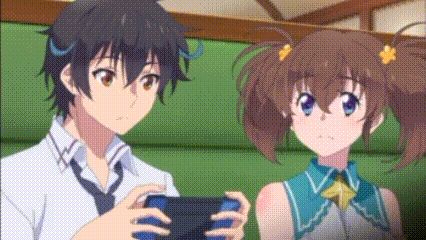 a boy and a girl are playing a video game together . the girl is holding a game controller .
