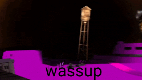 a purple background with a water tower and the word wassup on it .