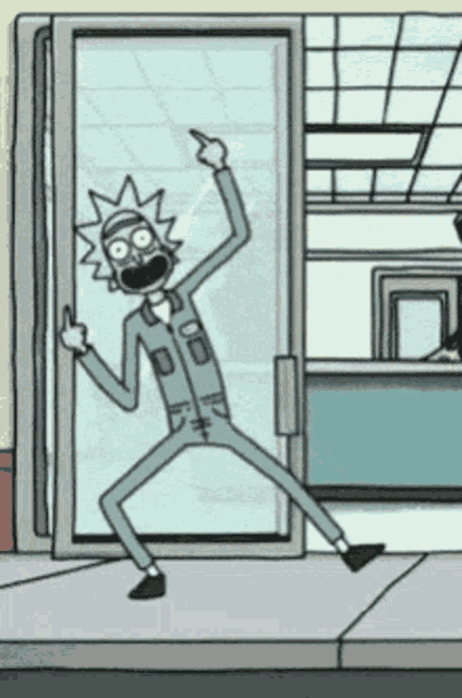 rick from rick and morty is standing in front of a glass door and giving the middle finger