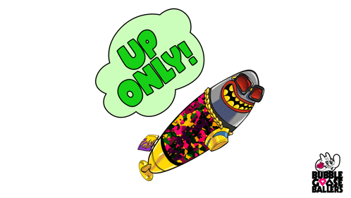a cartoon rocket with a speech bubble that says " up only "