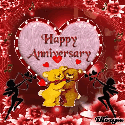 a happy anniversary card with two teddy bears hugging in front of a heart