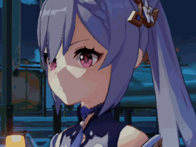 a girl with purple hair and pink eyes looks at the camera