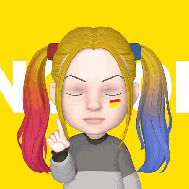 a cartoon girl with pigtails and a red and yellow sticker on her face