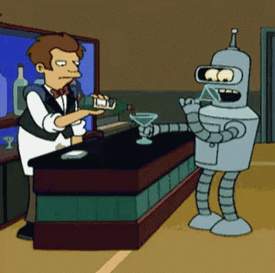bender from futurama is pouring a drink into a martini glass at a bar