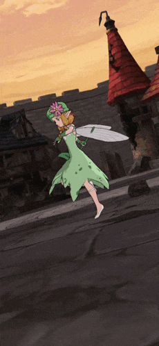 a fairy in a green dress with a flower in her hair is running in front of a castle