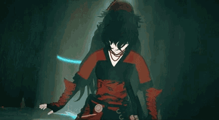a cartoon girl with black hair and red eyes is looking at the camera with her eyes glowing .
