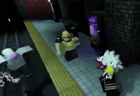 a video game character is walking down a sidewalk next to a vending machine that says " tasty "