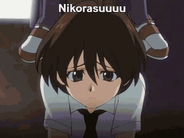 a cartoon of a boy kneeling down with the word nikorasuuu written above him