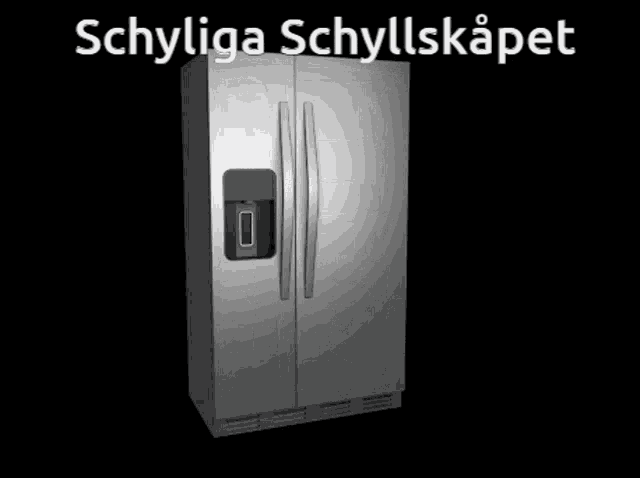 a black and white photo of an empty refrigerator with the words schyliga schyllskapet above it