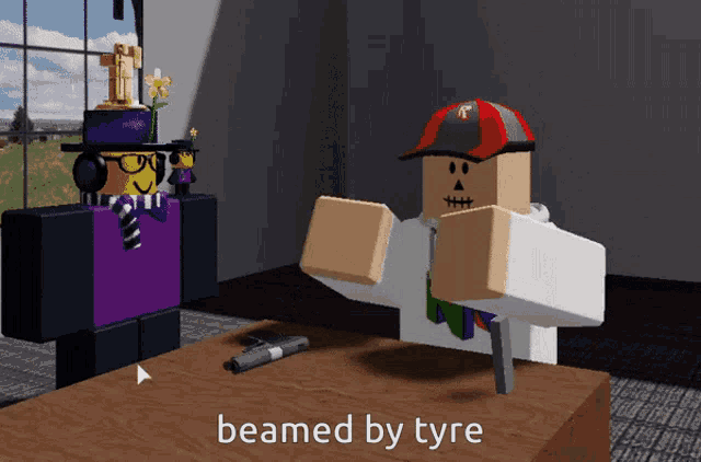 two roblox characters are sitting at a table and one of them is wearing a hat with the letter p on it