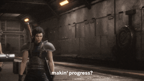 a video game character says makin ' progress while standing in a dark room