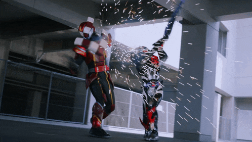 a man in a superhero costume is standing next to another man with sparks coming out of his hands