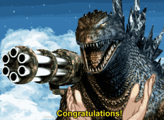 a cartoon of a monster holding a gun with the words congratulations written below it