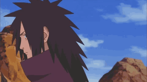 a cartoon character with long hair and a purple shirt stands in front of a mountain