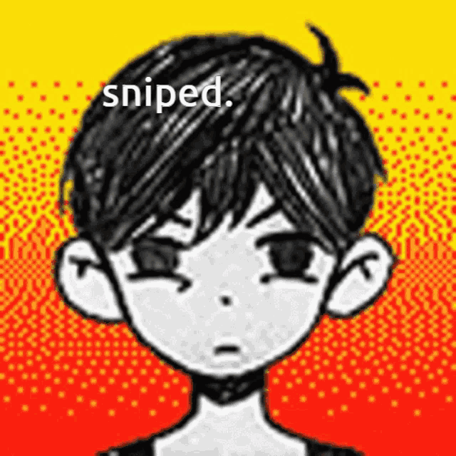 a black and white drawing of a boy with a yellow and red background and the words sniped on top .