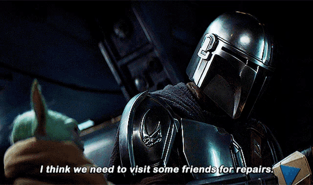 a man in a helmet says " i think we need to visit some friends for repairs . "
