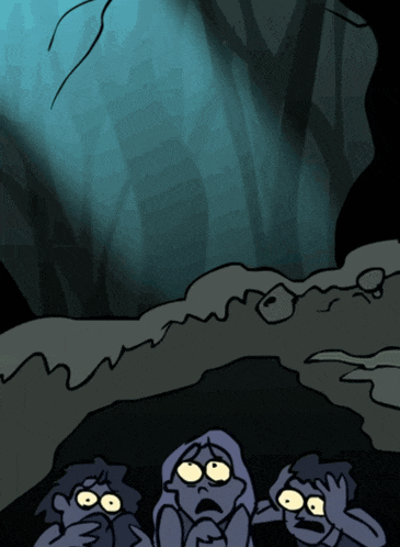 a cartoon drawing of three people in a cave