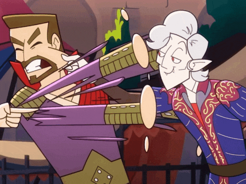a cartoon of a vampire and a knight fighting
