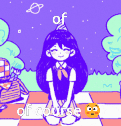 a cartoon of a girl wearing a party hat with the words of course written on the bottom