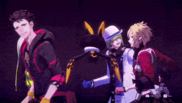 a group of anime characters are standing next to each other in a dark room with a button that says " pass forward " on the bottom