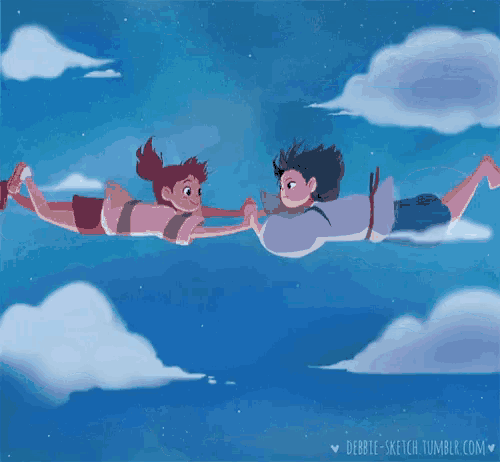 a drawing of a boy and a girl flying in the sky by debbie-sketch tumblr.com