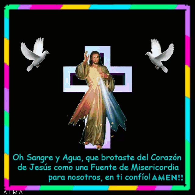 a picture of jesus holding a cross with the words " oh sangre y agua "