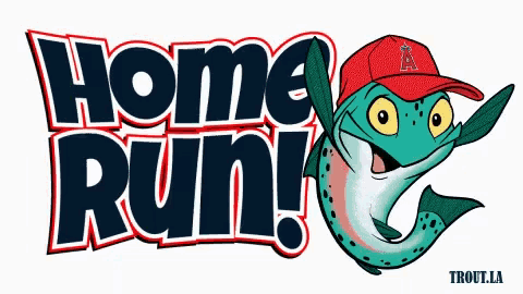 a logo for home run with a trout wearing a red angels hat