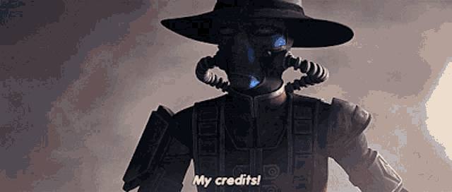 a man with a blue face and a hat is saying my credits