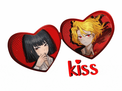 a couple of red hearts with the word kiss on it