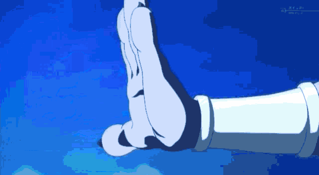 a cartoon character 's hand is making a fist with a blue background