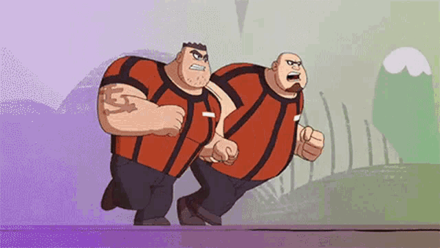 a couple of cartoon characters are running next to each other .