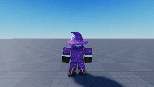 a cartoon character wearing a purple wizard hat and purple pants