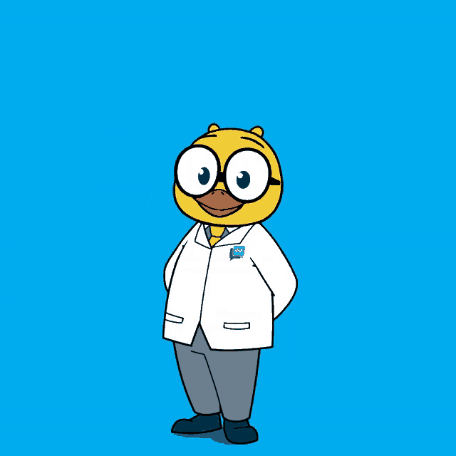 a cartoon character in a lab coat and tie jumping in the air